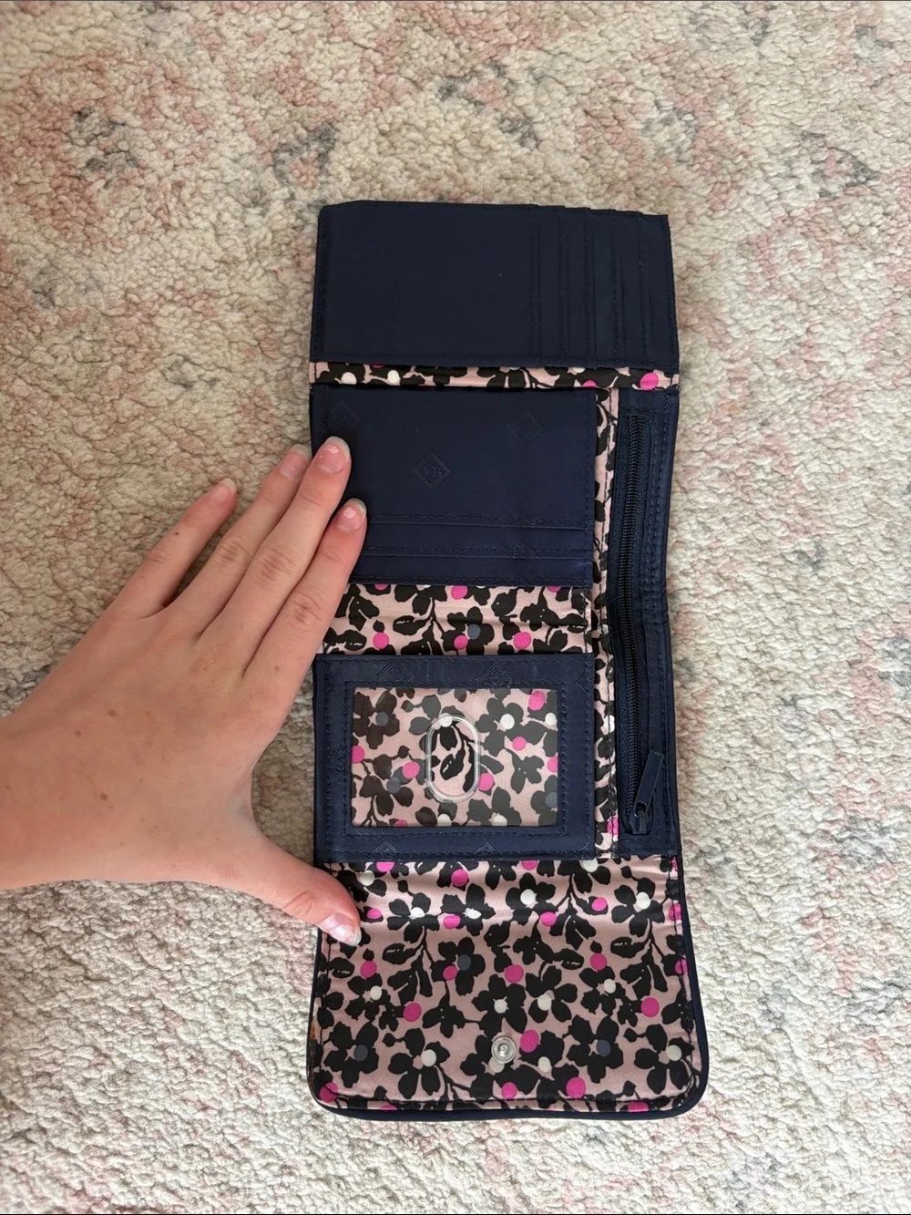 Vera Bradley Black Quilted Trifold Wallet with Pink Floral Liner - Picture 2 of 3